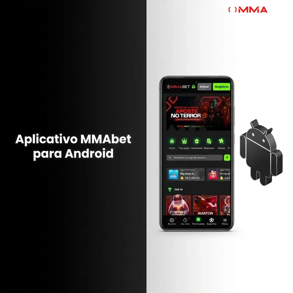 Aplicativo MMAbet para Android aberto em smartphone, permitindo apostas esportivas e jogos de cassino pelo celular