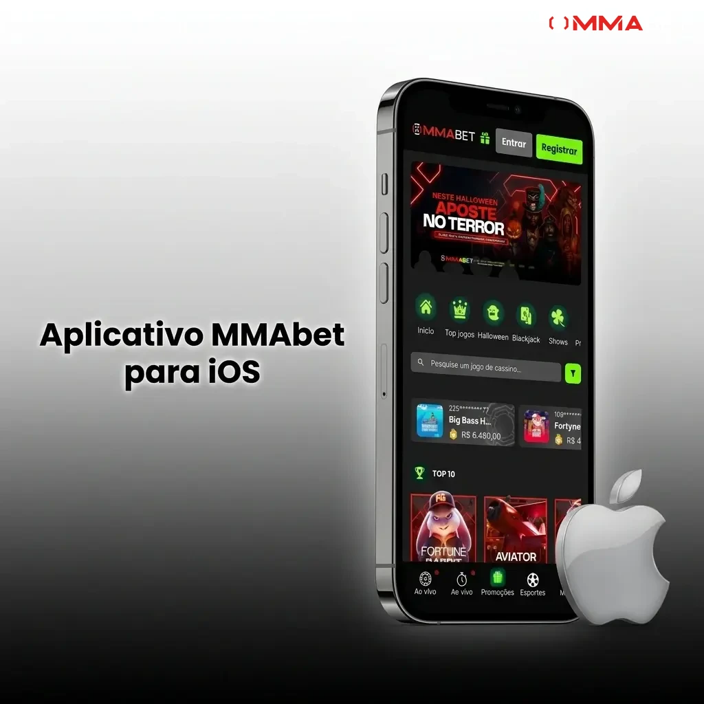 Aplicativo MMAbet para iOS disponível no iPhone e iPad com apostas esportivas, cassino ao vivo e pagamentos via Pix